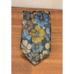 Vtg 60s/70s Heritage Made in St. Britain Floral Silk Tie Teal Gold ‎ Mad Men Mod